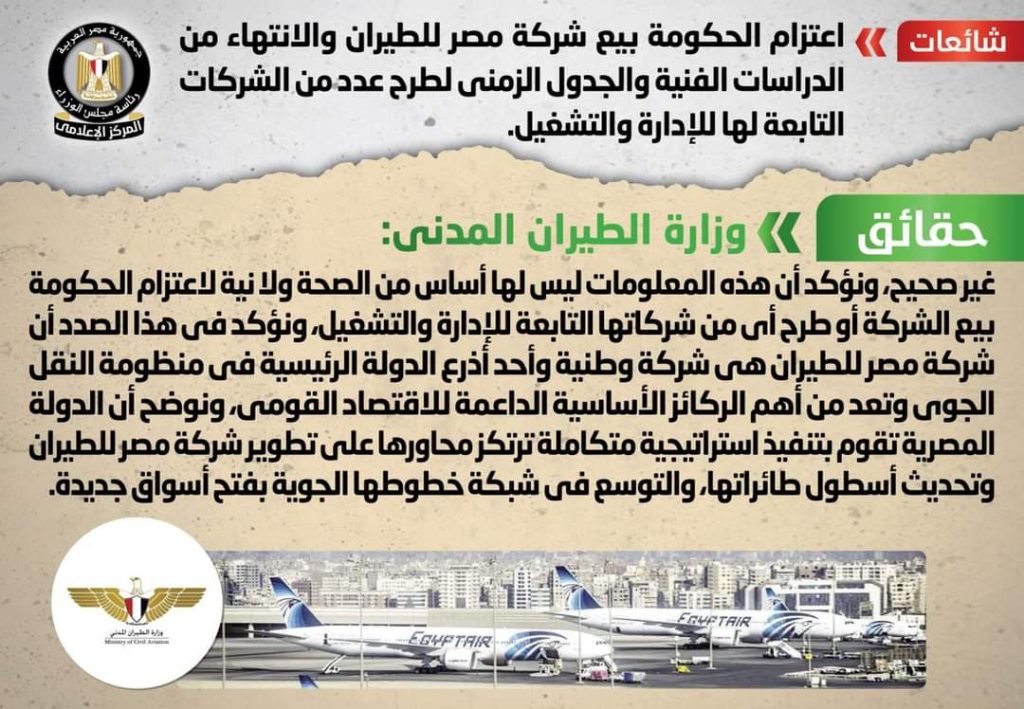 مجلس الوزراء ينفي عزم الحكومة بيع «مصر للطيران»