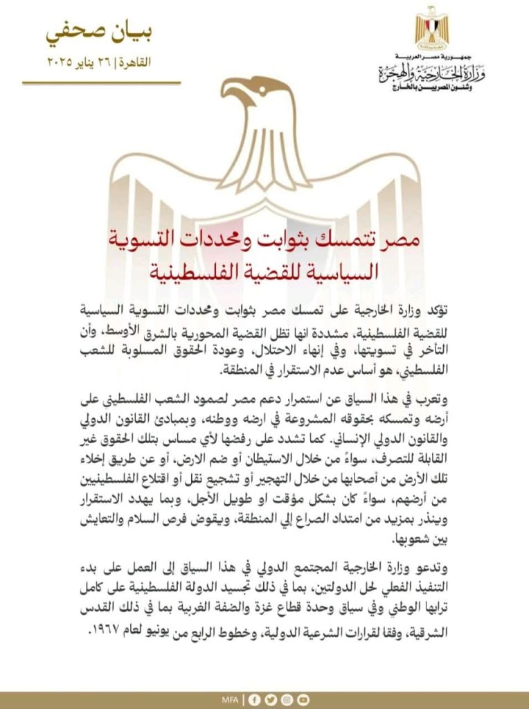 وزارة الخارجية نؤكد تمسك مصر بثوابت ومحددات التسوية السياسية للقضية الفلسطينية