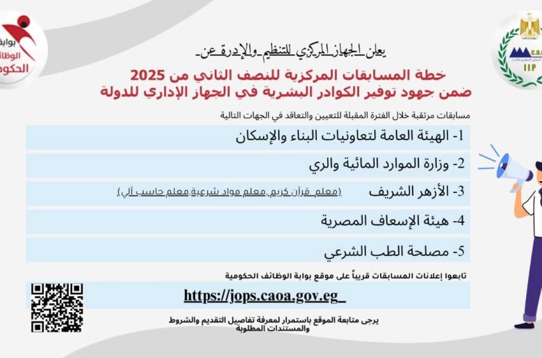 جهاز التنظيم والإدارة يعلن المسابقات المركزية المقرر طرحها بالنصف الثاني من 2025