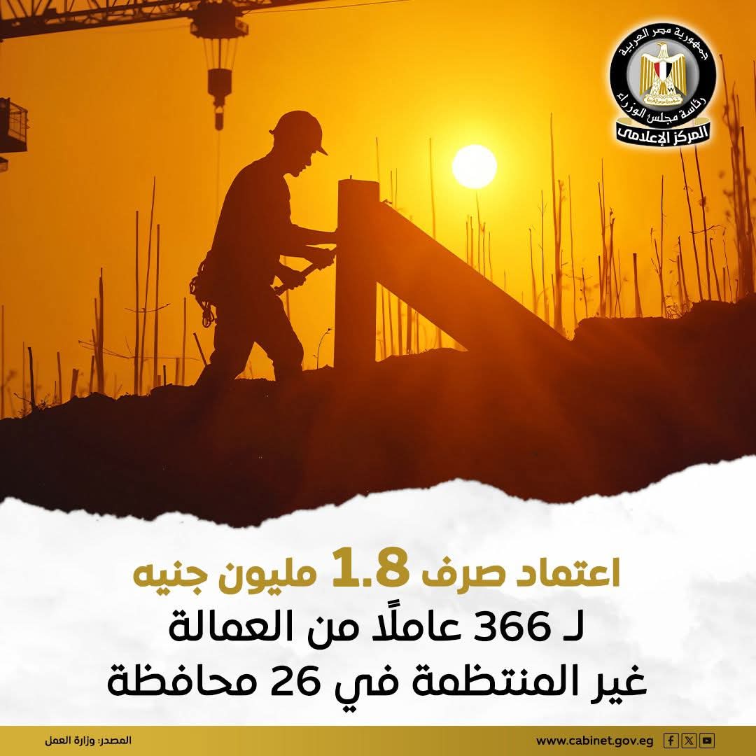 وزارة العمل: اعتماد صرف 1.8 مليون جنيه لعدد 366 عاملًا من العمالة غير المنتظمة